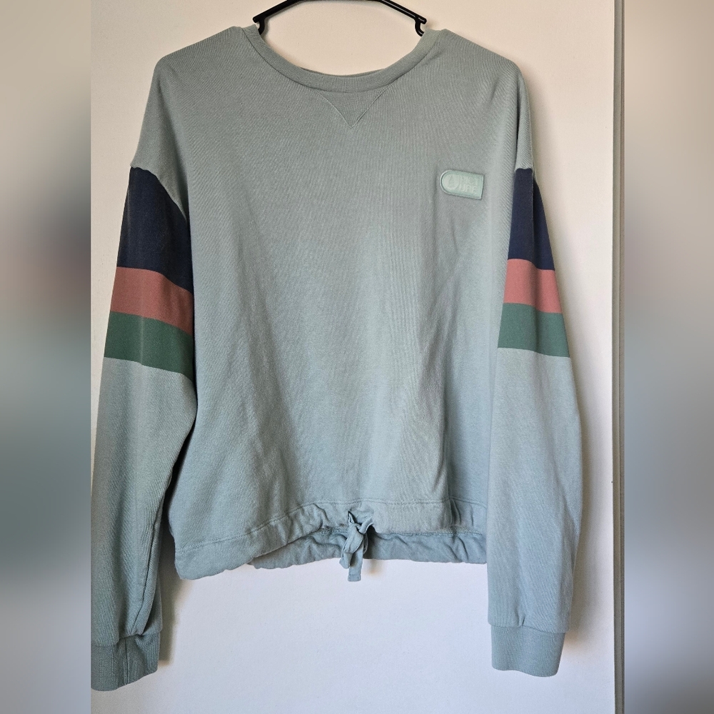 Casual Blue Sweatshirt with Colorful Stripes